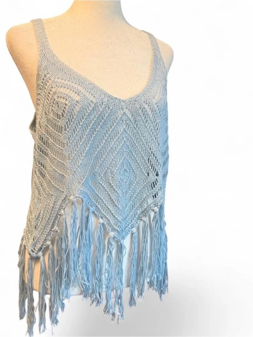 Y2K Baby Blue Crochet Fringe Tank Top Festival Fairy Boho - Picture 2 of 6